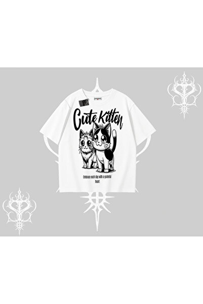 Tarzsokak Tricou supradimensionat cu imprimeu pisică drăguță și pisicuță drăg...