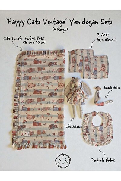 THELAKIDS `Happy Cats Vintage´ Yenidoğan ve Uyku Arkadaşı Seti