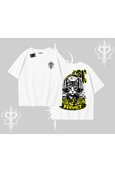 Tarzsokak Meowsic Purrfect mačka Natrag Štampano Oversize kroj Majica