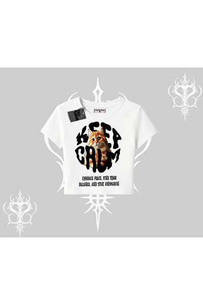 Tarzsokak Tricou Babby Tee cu imprimeu pisică și text „Keep Calm”