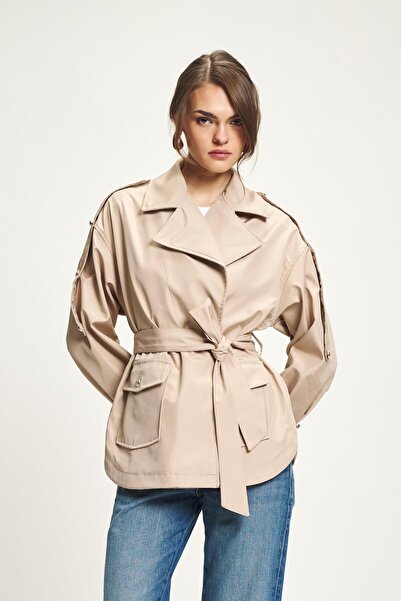 Lijuri Kolları Düğme Detaylı ve Kuşaklı Paraşüt Trençkot 7091 R8-D-K3