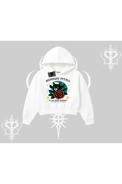 Tarzsokak Hanorac scurt cu glugă, cu imprimeu Pisică și Petale de Miezul Nopții