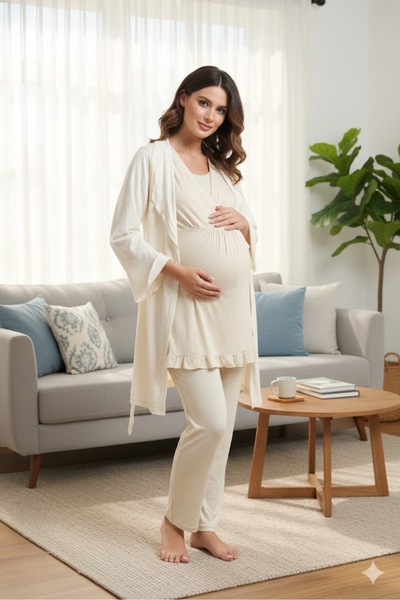 Lohusa Dünyasi Women's Beige Jacquard Shawl Collar Short Sleeve 3-Piece Speci...