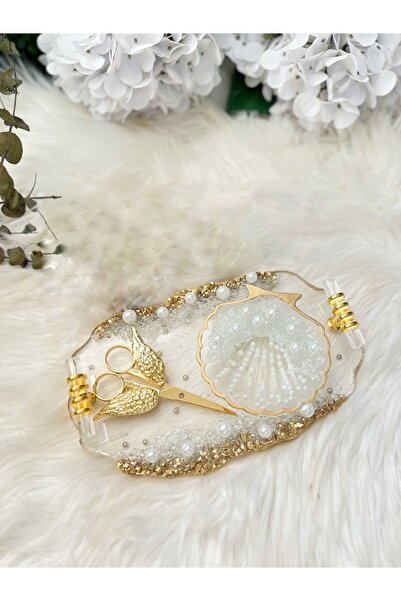 RESİNARTSHOP Epoksi Tepsi Şeffaf & Gold Nişan Seti Küçük Boy