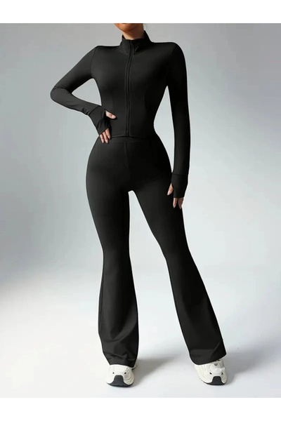 Butik طقم نسائي مكون من بلوزة قصيرة بأكمام طويلة وسحاب أمامي وبنطلون