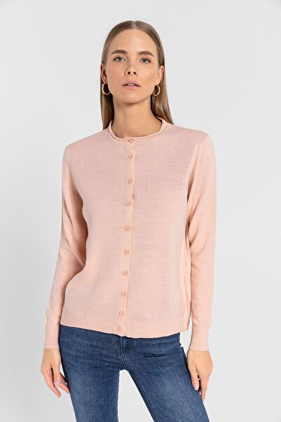 Miss Poem Crew Neck Buttoned Women's Powder Knitwear Cardigan