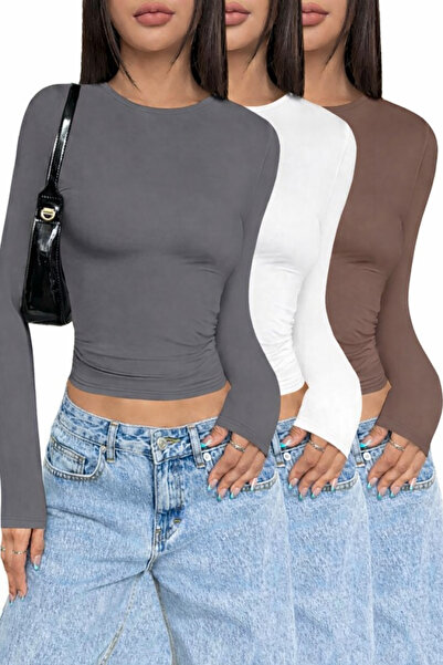 ÖZ PAMUK DÜZ Kumaş 3'LÜ Likralı ESNEK Bisiklet Yaka BASİC Bluz