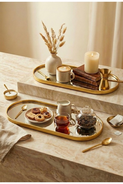 Yavuzhan Metal Gold Çervçeveli 2’li Oval Aynalı Dekorarif Tepsi (13x30)