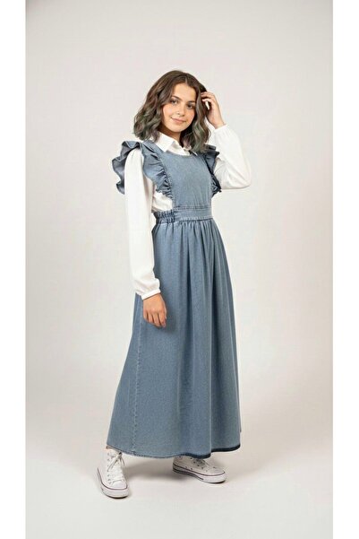 Joui Co Girl's Long-Sleeved Shirt and Long Skirt with a Hijab, Denim Dress
