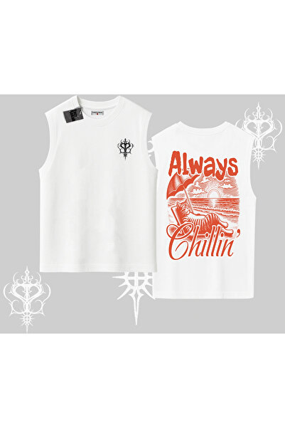 Tarzsokak Always Chillin Cat Back Printed Sleeveless Tshirt