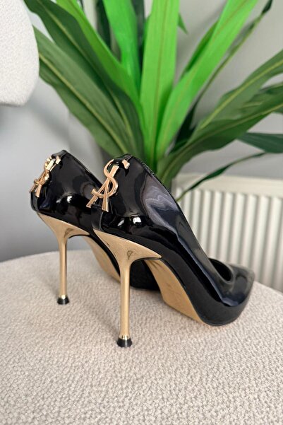 asmi shoes Pantofi cu toc subțire de 10 cm și stileto pentru femei Alexa, din piele neagră lacuită, cu detaliu cu cataramă la spate