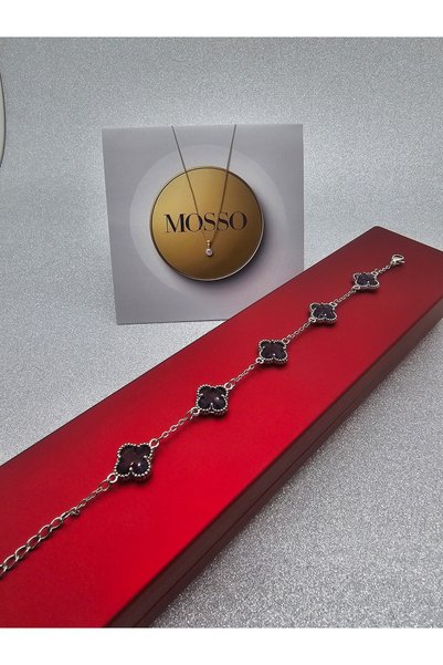 Mosso Steel Black Purple Silver Color Glass Clover Model Steel Bracelet