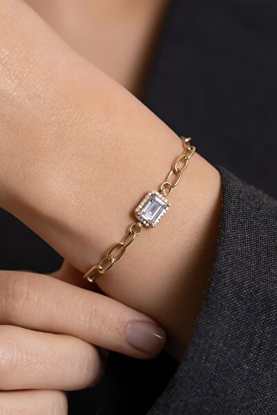 Bayar Gold 14 Ayar Altın Baget Taşlı Ataş Bileklik- TK