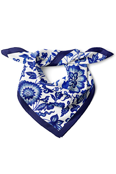 nehir eşarp Mavi Çini Çiçekleri Desen Fular Bandana 50x50 Cm