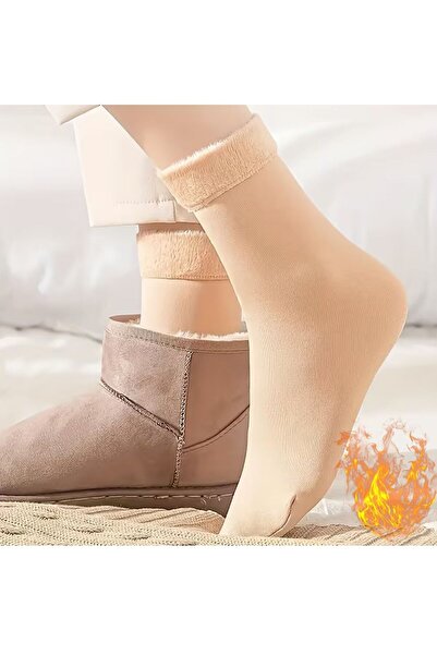 MİSTİRİK Winley Model Socket Socks with Plush Inside, Warm Ankle-Length Socks, Skin Color
