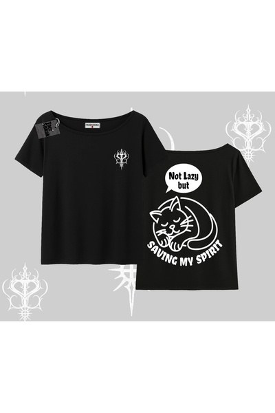 Tarzsokak Tricou cu imprimeu Not Lazy Saving My Spirit Cat, cu guler tip bărcuță