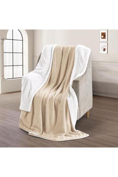 mario بطانية مخملية وفروية 200 × 230 - بيج فاتح