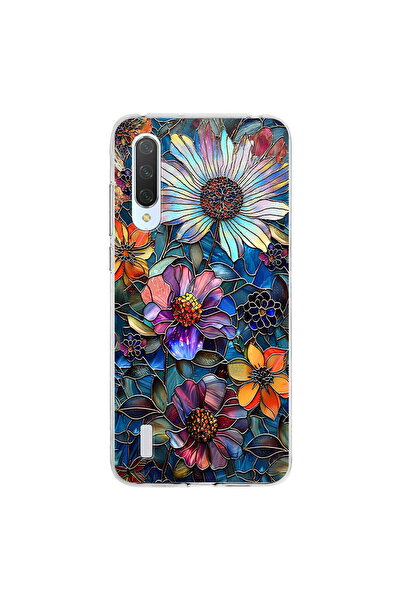 PrintiFy Xiaomi Mi 9 Lite ile Uyumlu Vitray Mücevher Flora Tasarımlı Şeffaf S...