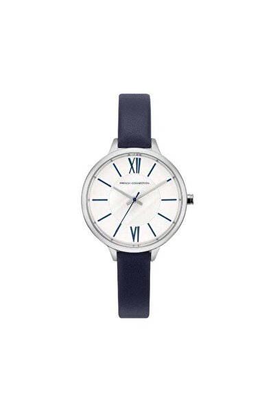 French Connection Analog Watch for Women with White Dial and Blue Leather Strap 30mm