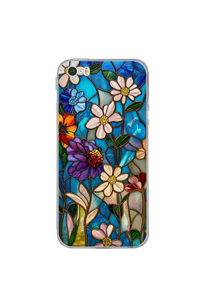 PrintiFy iPhone 5S ile Uyumlu Vitray Mavi Bahar Tasarımlı Şeffaf Silikon Kılıf