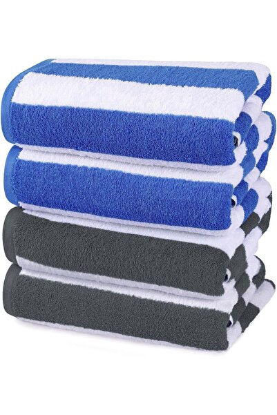 Fabienne مناشف شاطئ قطنية مكونة من 4 قطع، مقاس 30 × 60 بوصة، بنمط كابانا مخطط، لون أزرق/رمادي داكن