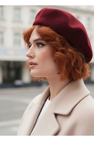 la_hatun قبعة فنان فرنسية من اللباد باللون العنابي مستوردة