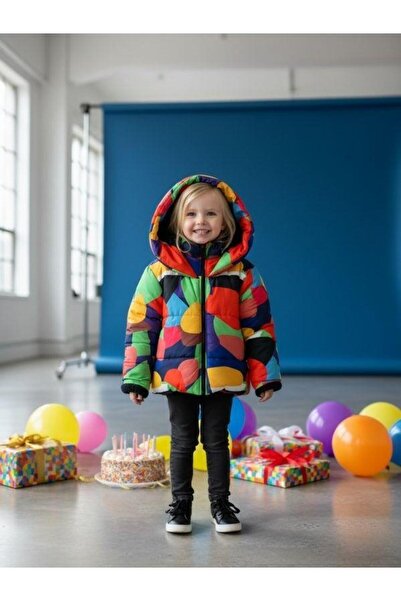 Zekids Palton cu glugă cu model geometric colorat pentru fetiță, cu blană în ...