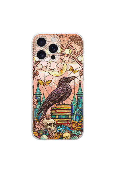 PrintiFy iPhone 16 Pro Max ile Uyumlu Vitray Bilge Kuzgun Tasarımlı Şeffaf Si...