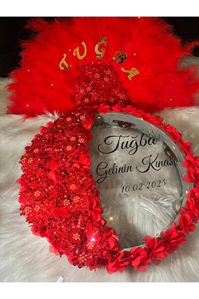 TAN EVENT Ledli Gelin Defi + Aplikli Yelpaze Kırmızı,Işıklı Def,Gelin Defi,Vi...