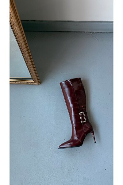 Eataly Shoes Vera Bordo Cilt Tokalı Topuklu Çizme