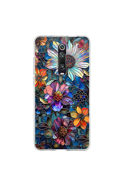 PrintiFy Xiaomi Mi 9T Pro ile Uyumlu Vitray Mücevher Flora Tasarımlı Şeffaf S...