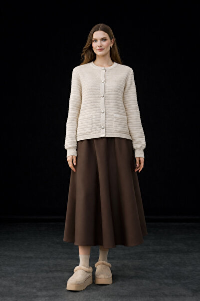 studio fashion 1988 Women's Beige Crew Neck Knitted Detailed Sweater Cardigan