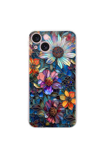 PrintiFy iPhone 15 ile Uyumlu Vitray Mücevher Flora Tasarımlı Şeffaf Silikon ...