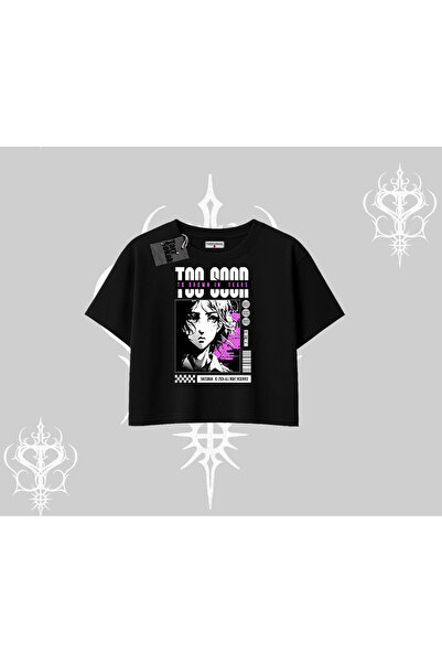 Tarzsokak Tricou crop oversize cu imprimeu grafic cu fată anime „Too Good”