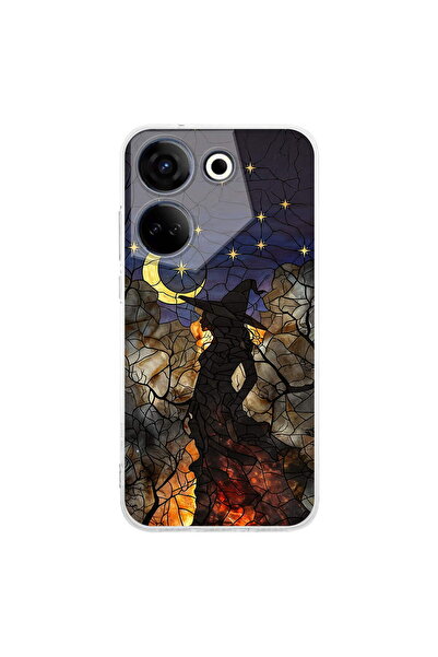 PrintiFy Tecno Camon 20 Pro ile Uyumlu Vitray Cadı Saati Tasarımlı Şeffaf Sil...