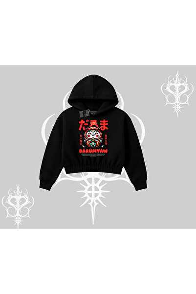 Tarzsokak سويت شيرت قصير بقلنسوة داروما كات أنيمي مطبوع