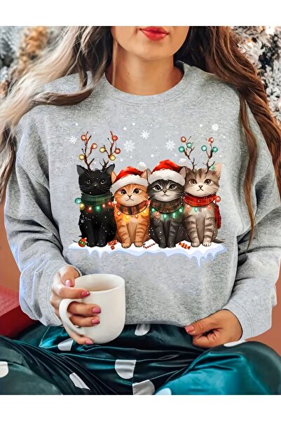 LELVANİ نويل كات مطبوع 4 قطع من سويت شيرت القطط اللطيفة التي ترتدي قبعة سانتا...