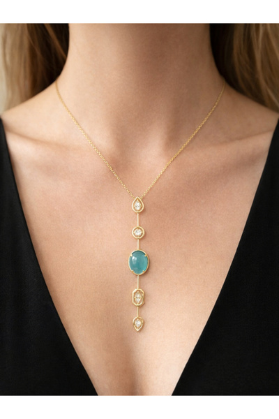 Bellenza Turkuaz Taşlı Gold Renk Y Tasarım Kadın Kolye Modeli