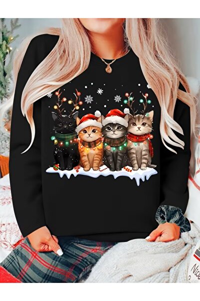 LELVANİ نويل كات مطبوع 4 قطع من سويت شيرت القطط اللطيفة التي ترتدي قبعة سانتا...