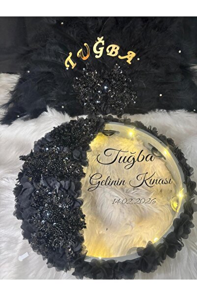 TAN EVENT Ledli Gelin Defi + Aplikli Yelpaze Siyah, Işıklı Def,Gelin Defi,Vip...