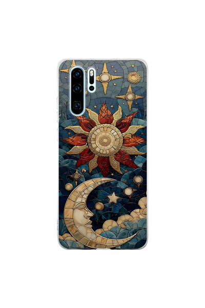 PrintiFy Huawei P30 Pro ile Uyumlu Vitray Sol ve Luna Tasarımlı Şeffaf Siliko...
