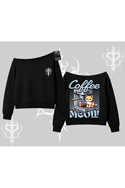 Tarzsokak سويت شيرت Coffee Meow ذو طابع القهوة على شكل قطة مطبوع برقبة على شك...