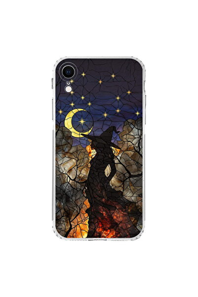 PrintiFy iPhone XR ile Uyumlu Vitray Cadı Saati Tasarımlı Şeffaf Silikon Kılıf
