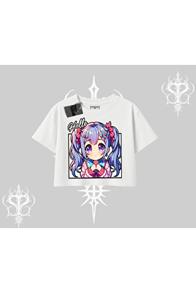 Tarzsokak Tricou crop oversize cu imprimeu cu personaj drăguț Hello Anime Girl