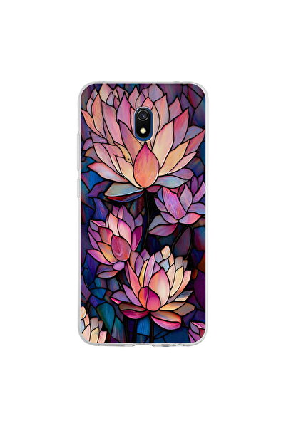 PrintiFy Redmi 8A ile Uyumlu Vitray Sessiz Lotus Tasarımlı Şeffaf Silikon Kılıf