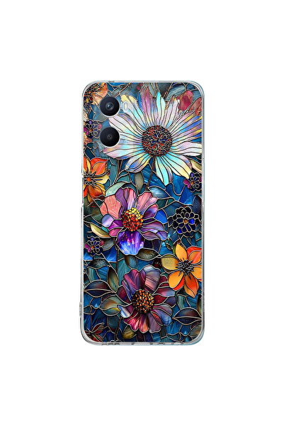 PrintiFy OPPO A96 ile Uyumlu Vitray Mücevher Flora Tasarımlı Şeffaf Silikon K...