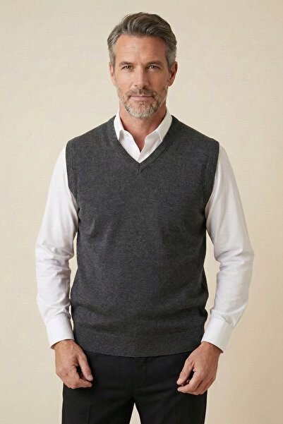 nacar çarşı Erkek Baba Füme V Yaka Triko Süveter Klasik Kesim Yumuşak Dokulu