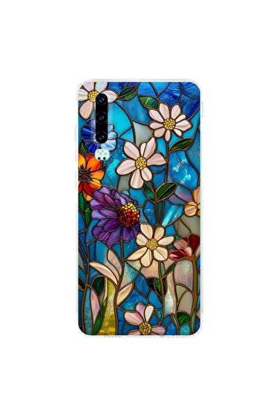 PrintiFy Huawei P30 ile Uyumlu Vitray Mavi Bahar Tasarımlı Şeffaf Silikon Kılıf