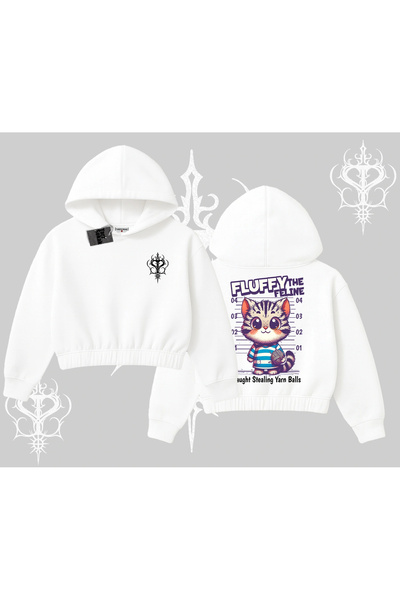 Tarzsokak Hanorac scurt cu glugă, cu imprimeu drăguț cu pisică, cu text „Fluf...