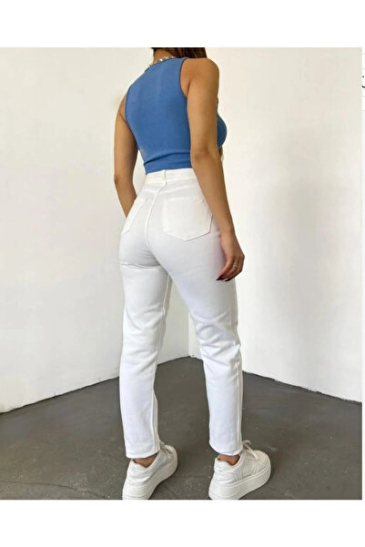 kleshus Lely White Mom Women's High Waist Stretch Fabric Mom Jeans Trousers-2